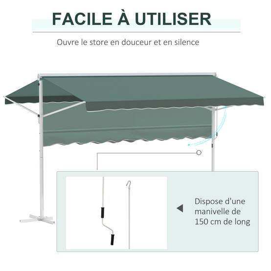 Store Double Pente 4 x 3 m Manuel rétractable Inclinaison réglable métal Polyester imperméabilisé Vert foncé - Image 7
