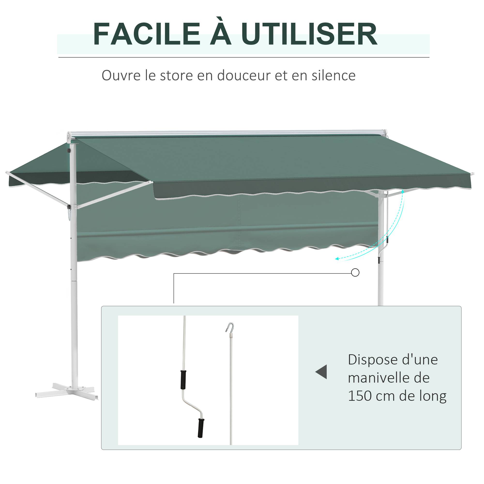 Store Double Pente 4 x 3 m Manuel rétractable Inclinaison réglable métal Polyester imperméabilisé Vert foncé - Image 7