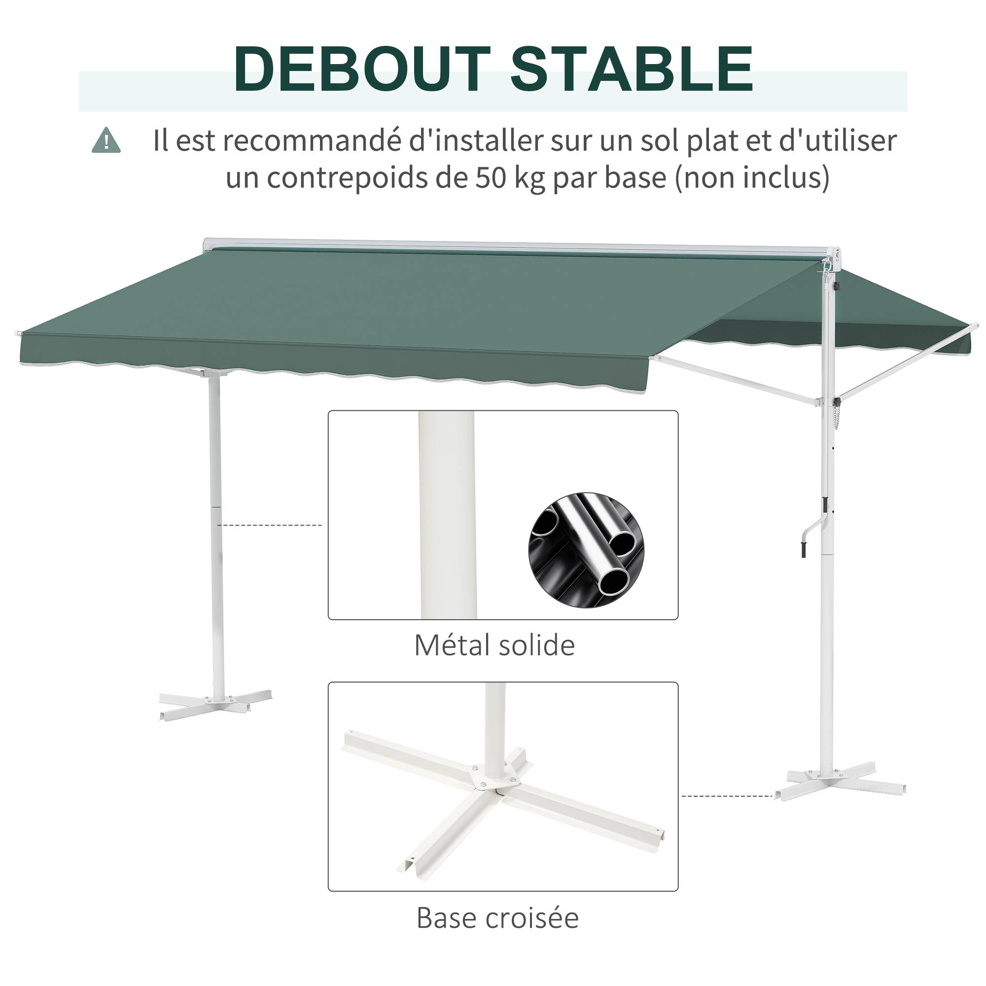 Store Double Pente 4 x 3 m Manuel rétractable Inclinaison réglable métal Polyester imperméabilisé Vert foncé - Image 9