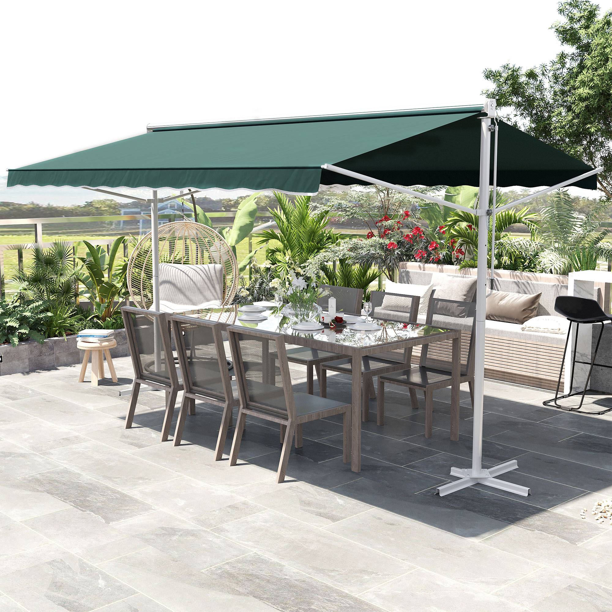 Store Double Pente 4 x 3 m Manuel rétractable Inclinaison réglable métal Polyester imperméabilisé Vert foncé - Image 4