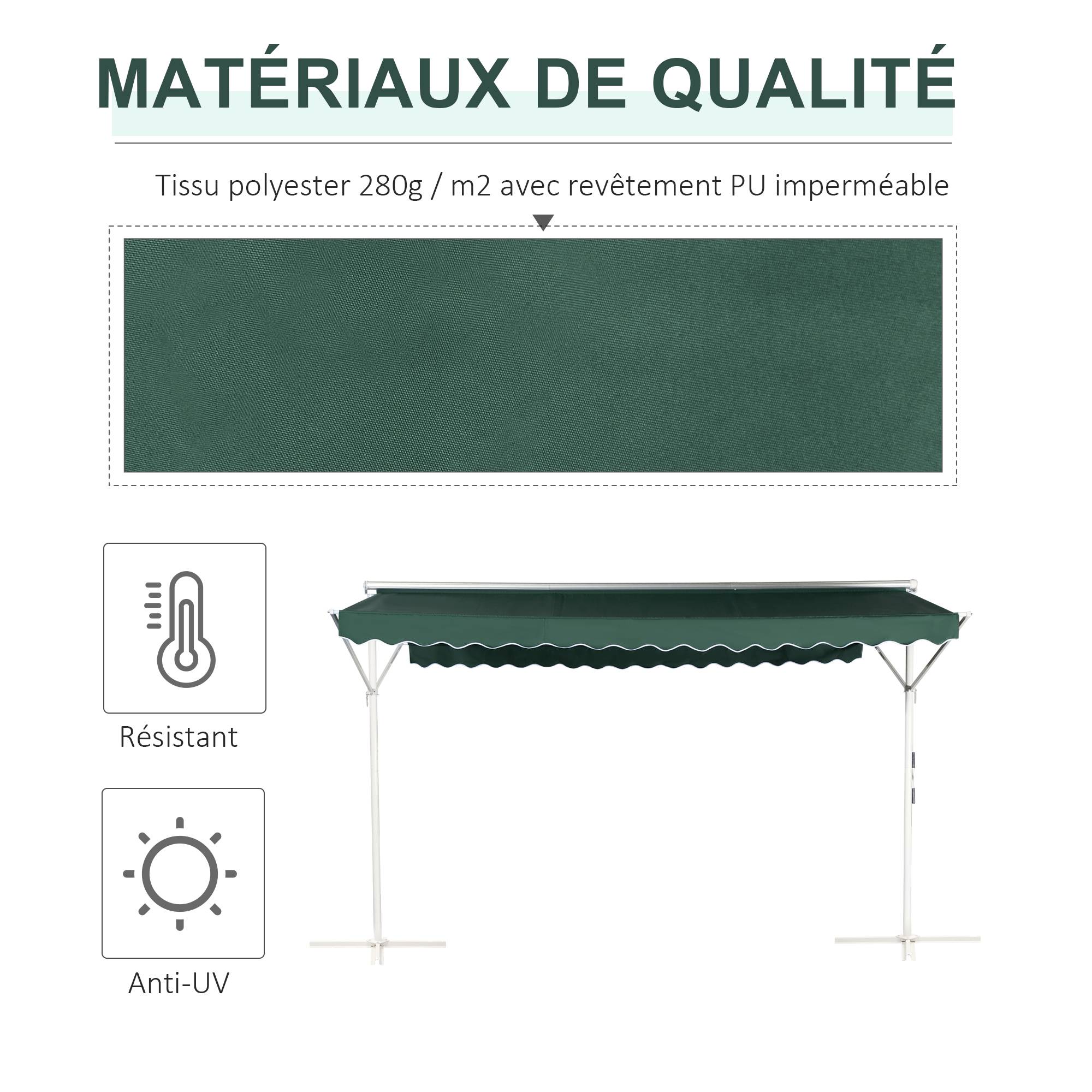 Store Double Pente 4 x 3 m Manuel rétractable Inclinaison réglable métal Polyester imperméabilisé Vert foncé - Image 6