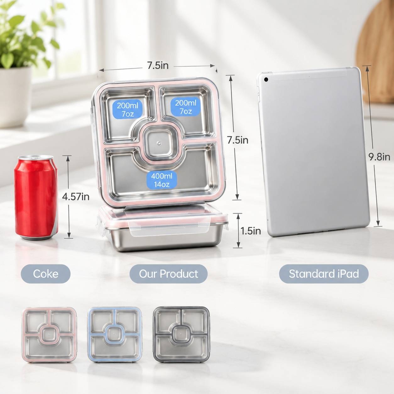 Lot de 2 Boîtes Repas Acier Inoxydable 4 Compartiments - Image 2