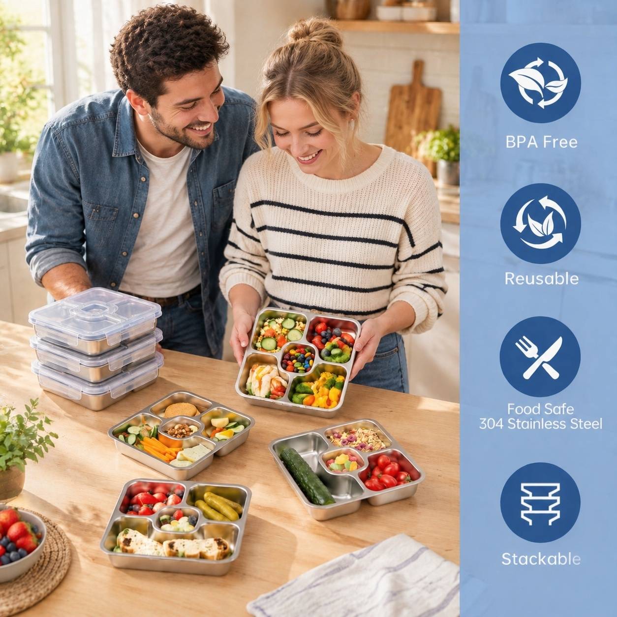 Lot de 2 Boîtes Repas Acier Inoxydable 4 Compartiments - Image 4