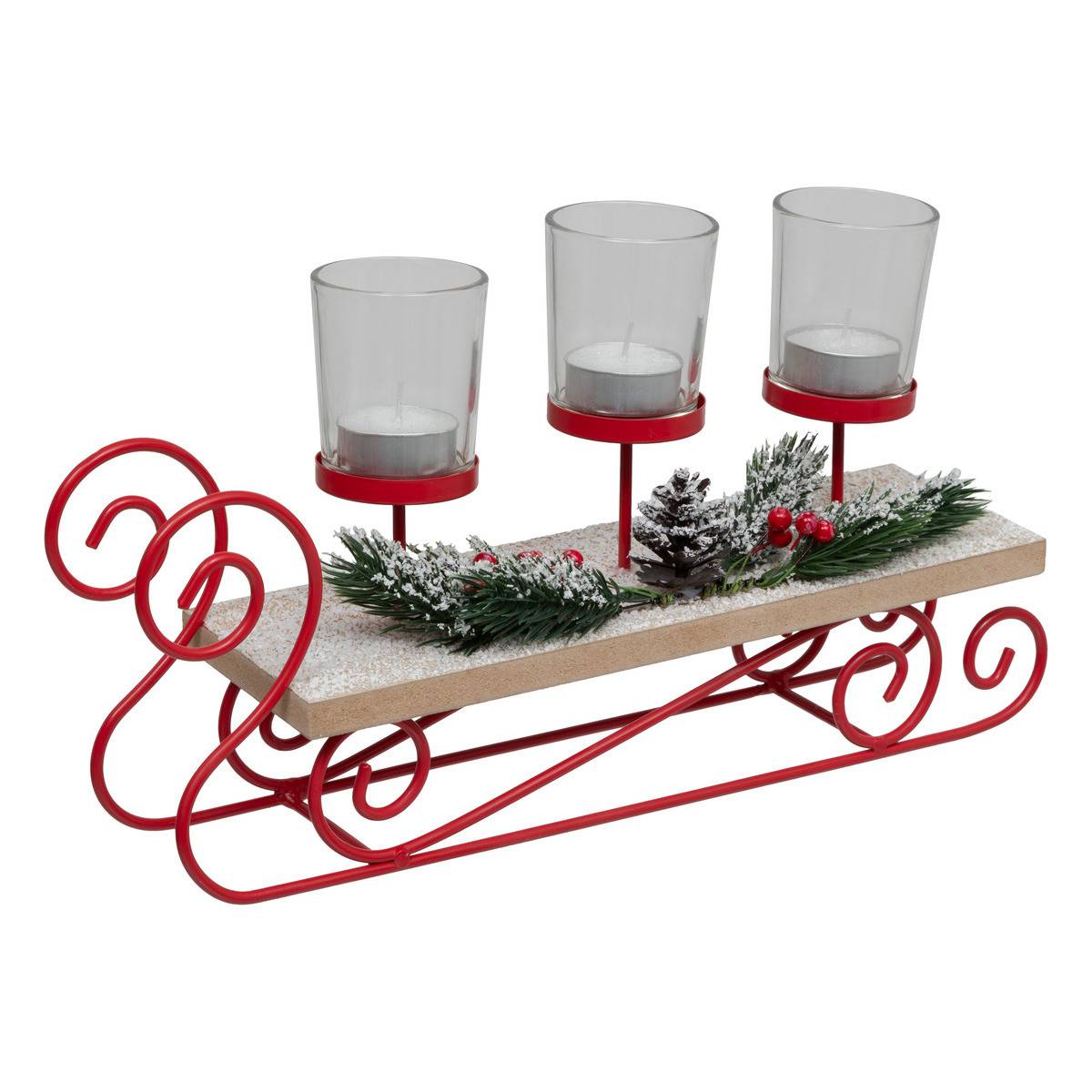 Fééric Lights & Christmas - Bougeoir 3 Photophores Luge avec déco Houx L 35 cm - Image 1
