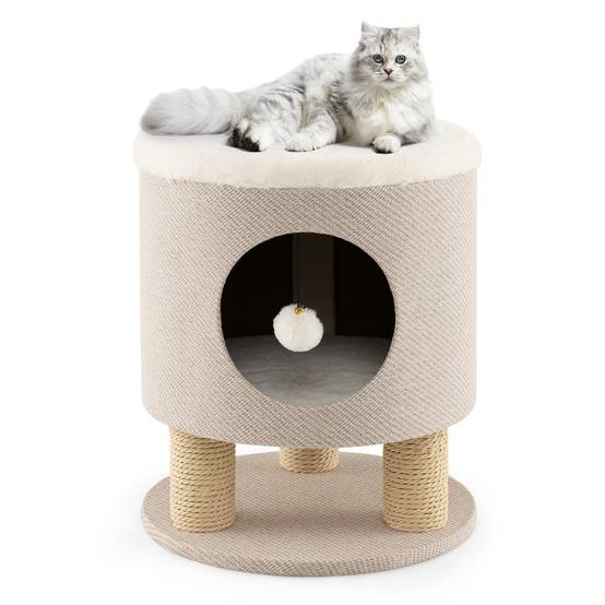 Arbre à chat 47 cm avec condo et poteaux griffoir charge 60 kg tour de jeux pour chats avec balle en peluche beige - Image 1