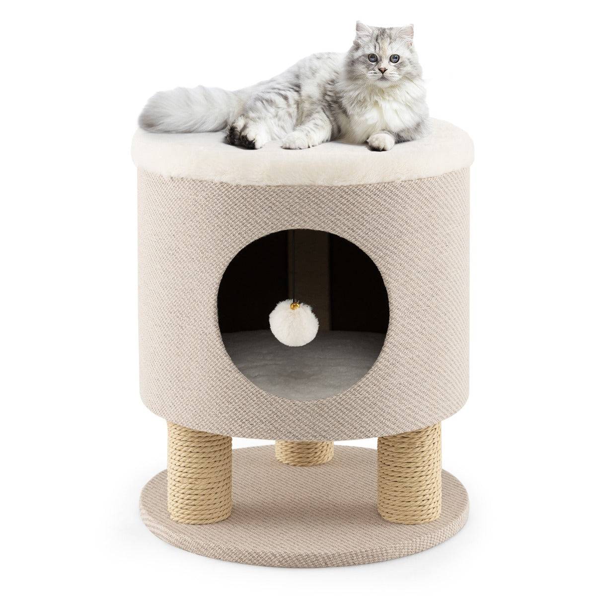 Arbre à chat 47 cm avec condo et poteaux griffoir charge 60 kg tour de jeux pour chats avec balle en peluche beige - Image 1