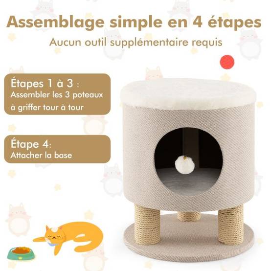Arbre à chat 47 cm avec condo et poteaux griffoir charge 60 kg tour de jeux pour chats avec balle en peluche beige - Image 2