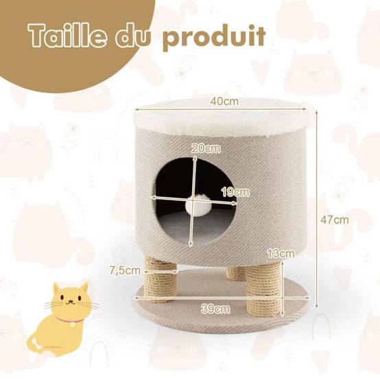 Arbre à chat 47 cm avec condo et poteaux griffoir charge 60 kg tour de jeux pour chats avec balle en peluche beige - Image 3