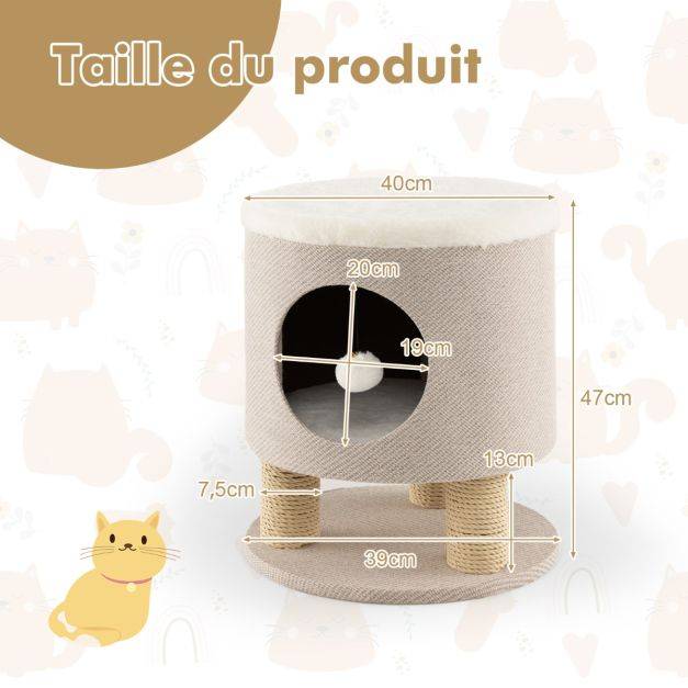 Arbre à chat 47 cm avec condo et poteaux griffoir charge 60 kg tour de jeux pour chats avec balle en peluche beige - Image 3