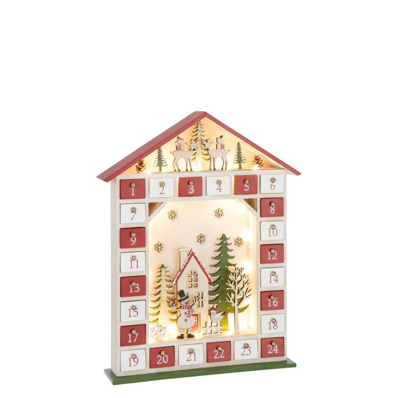 Calendrier de l'Avent maison avec led en bois blanc 31x7x40 cm - J-Line