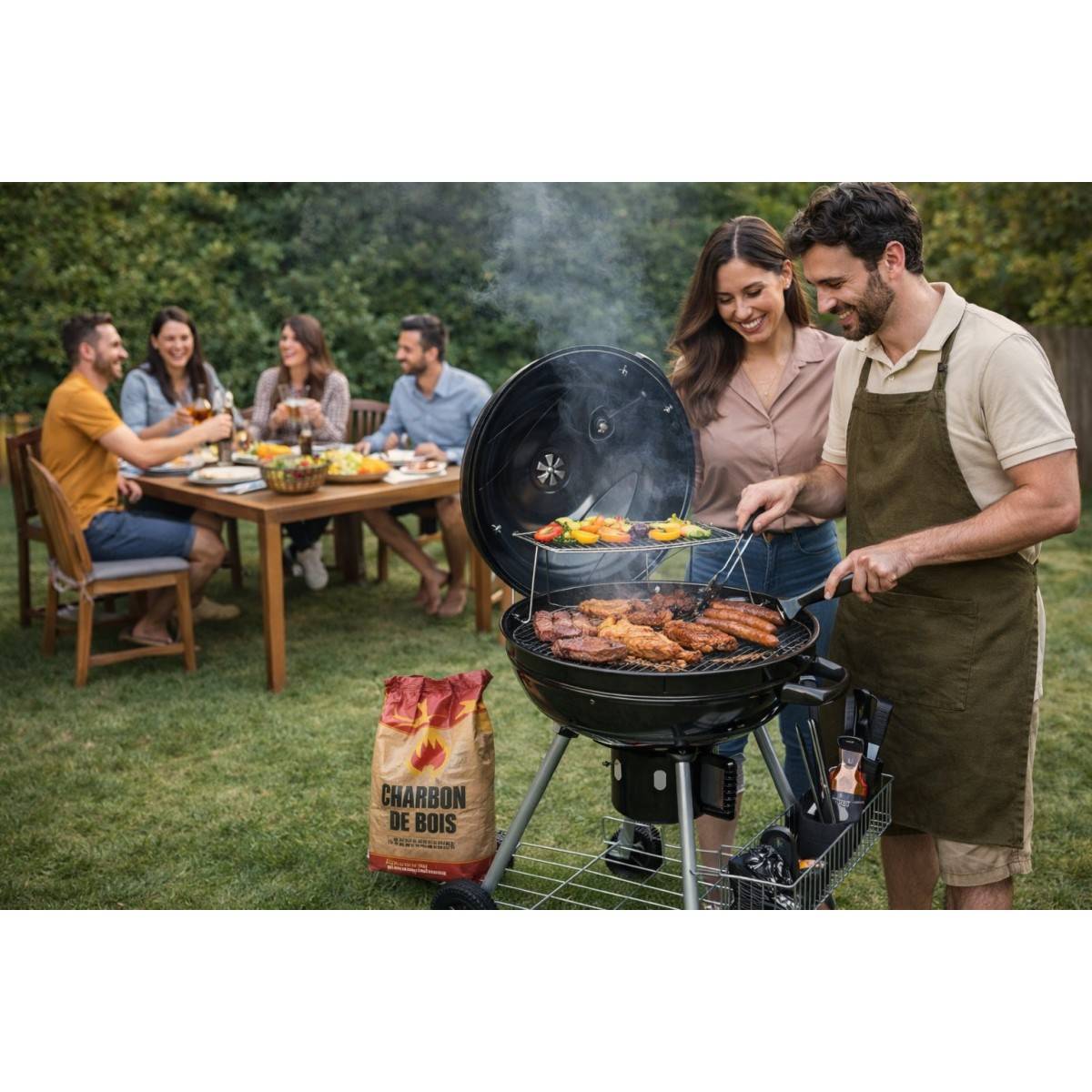 Barbecue à Charbon de Bois Ø54cm Double Grille Cuisson & Couvercle Thermostat Bac à cendres, Barbecue sur roues avec rangement - Image 2