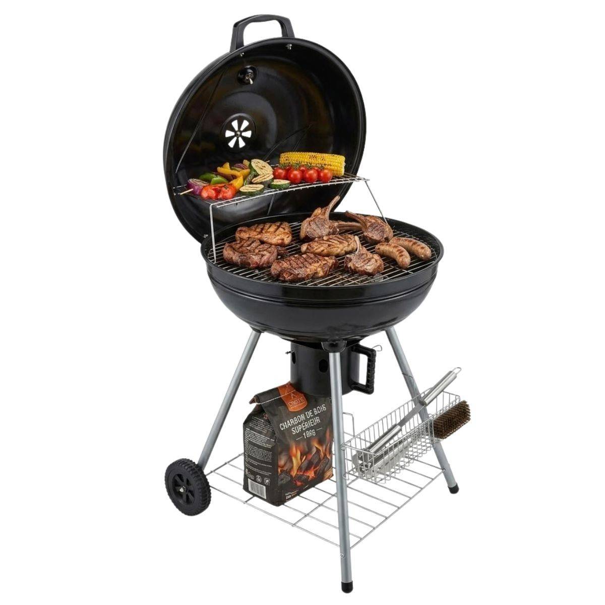 Barbecue à Charbon de Bois Ø54cm Double Grille Cuisson & Couvercle Thermostat Bac à cendres, Barbecue sur roues avec rangement - Image 7