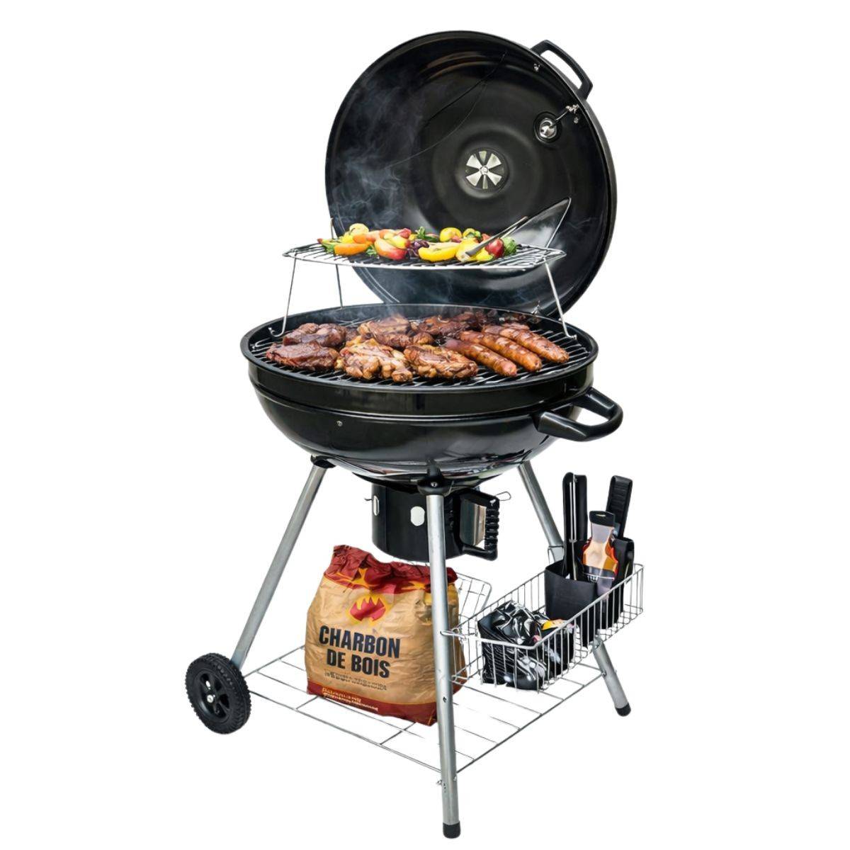 Barbecue à Charbon de Bois Ø54cm Double Grille Cuisson & Couvercle Thermostat Bac à cendres, Barbecue sur roues avec rangement - Image 1