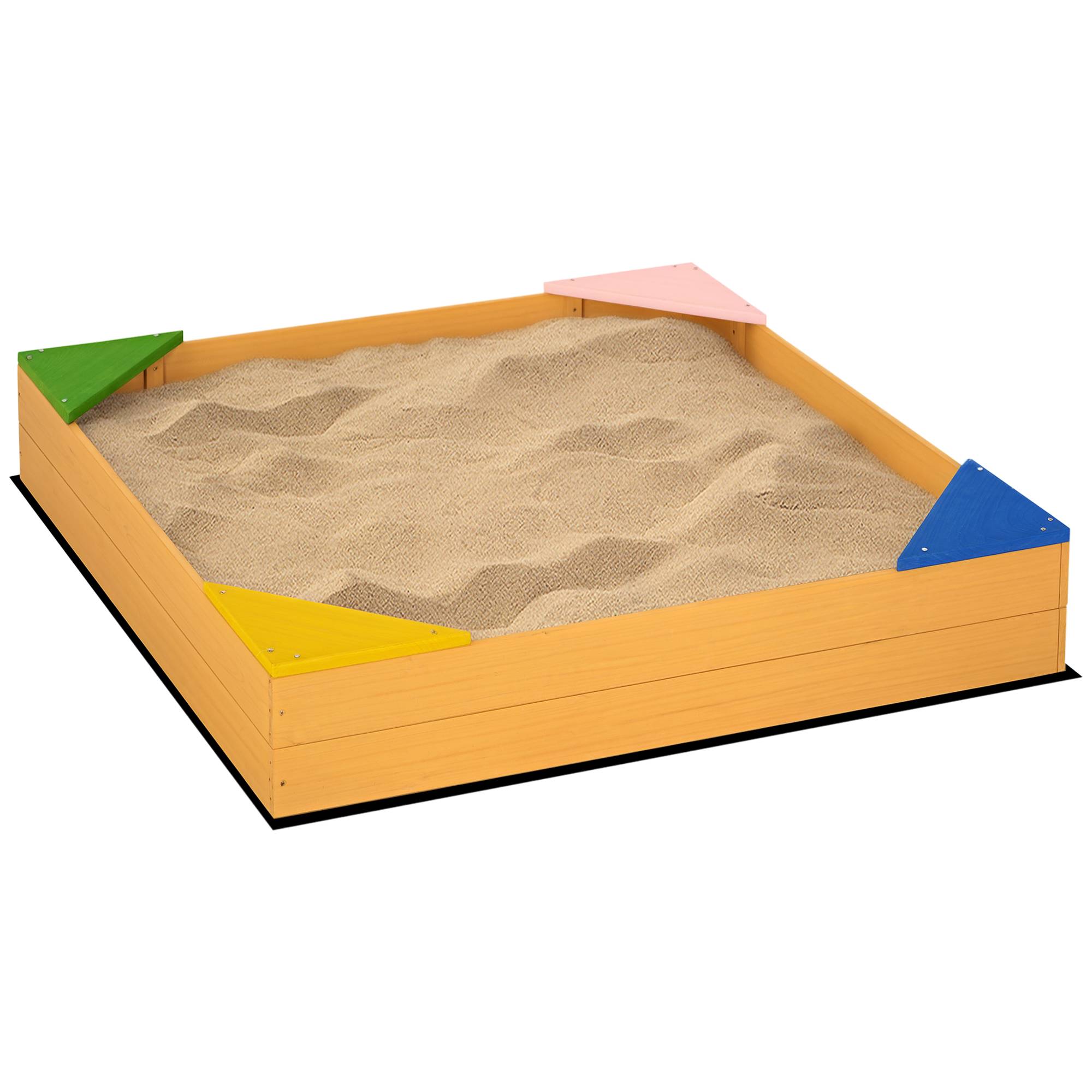 Bac à sable carré en bois pour enfants 4 assises en coin et film protection 109 x 109 x 19,8 cm bois naturel - Image 1