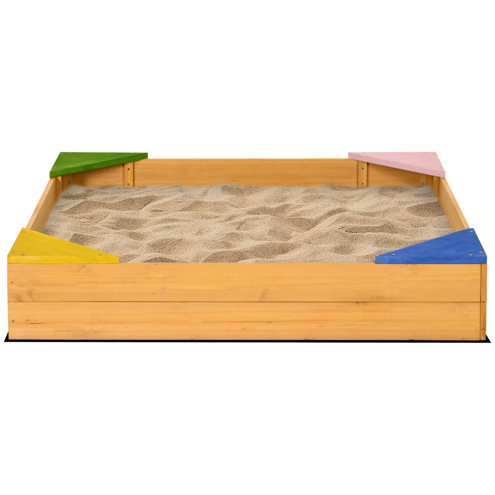 Bac à sable carré en bois pour enfants 4 assises en coin et film protection 109 x 109 x 19,8 cm bois naturel - Image 2