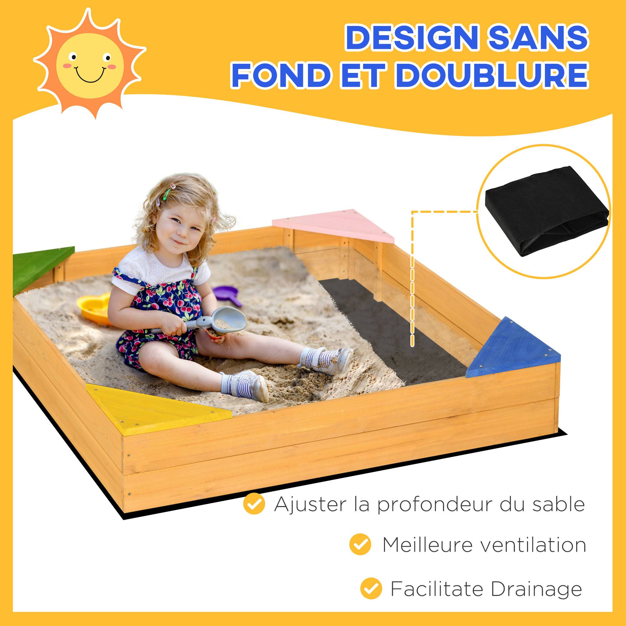 Bac à sable carré en bois pour enfants 4 assises en coin et film protection 109 x 109 x 19,8 cm bois naturel - Image 6