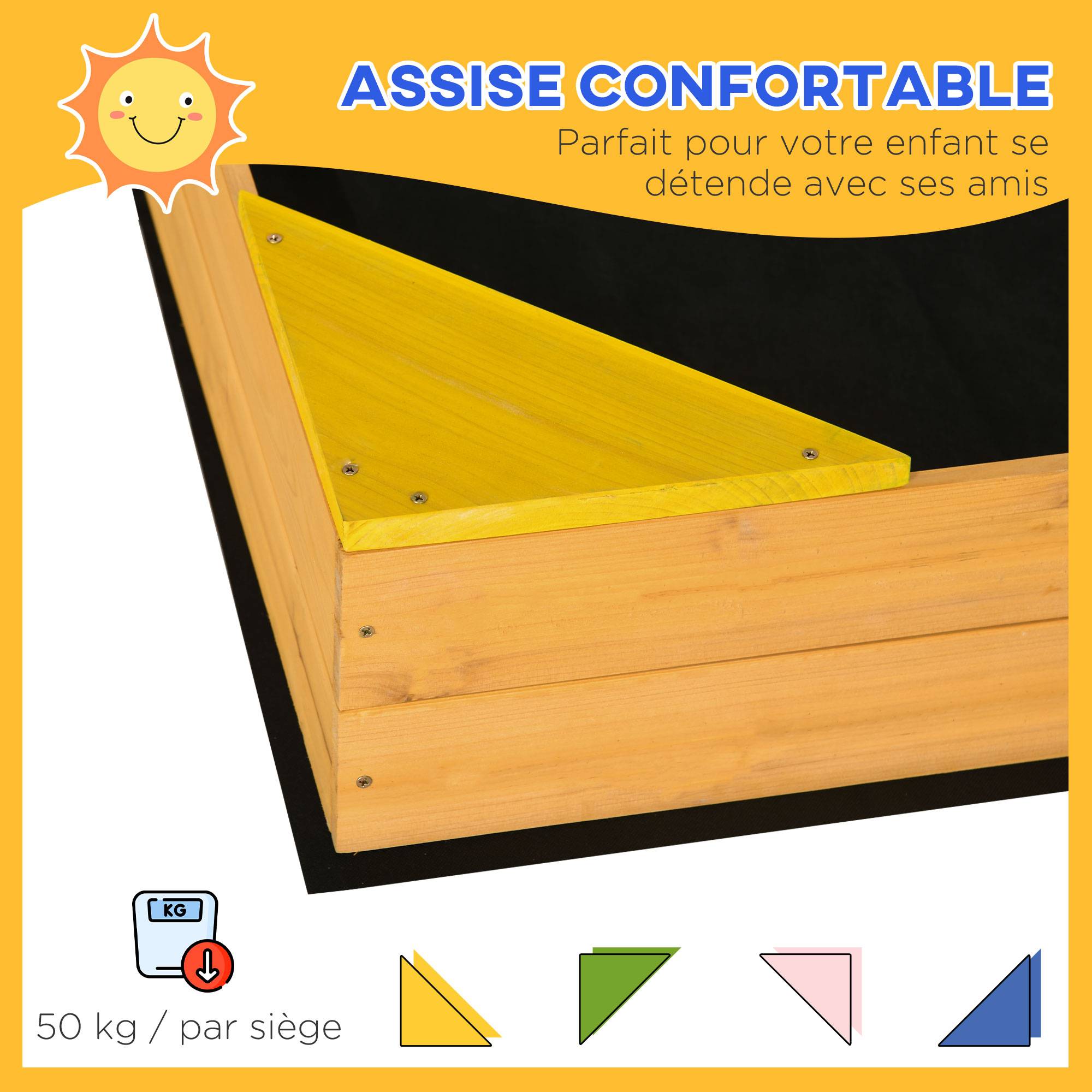Bac à sable carré en bois pour enfants 4 assises en coin et film protection 109 x 109 x 19,8 cm bois naturel - Image 7