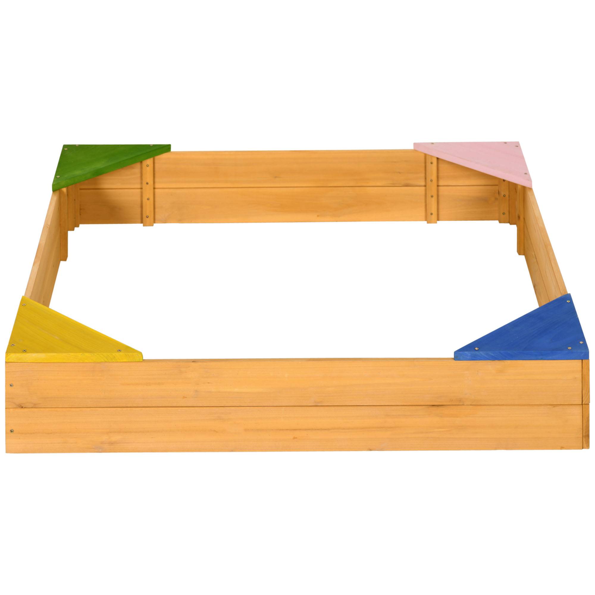Bac à sable carré en bois pour enfants 4 assises en coin et film protection 109 x 109 x 19,8 cm bois naturel - Image 8