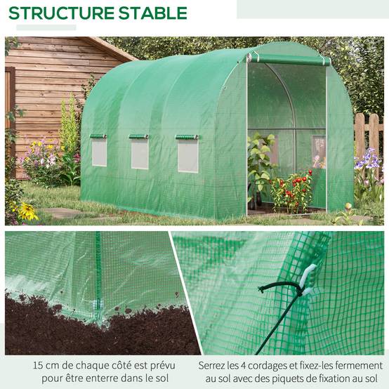 Serre de Jardin Tunnel 6m² Acier renforcé 6 fenêtres et ancrage au sol 3x2x2m Vert - ComfortXL Outdoor Living - Image 7