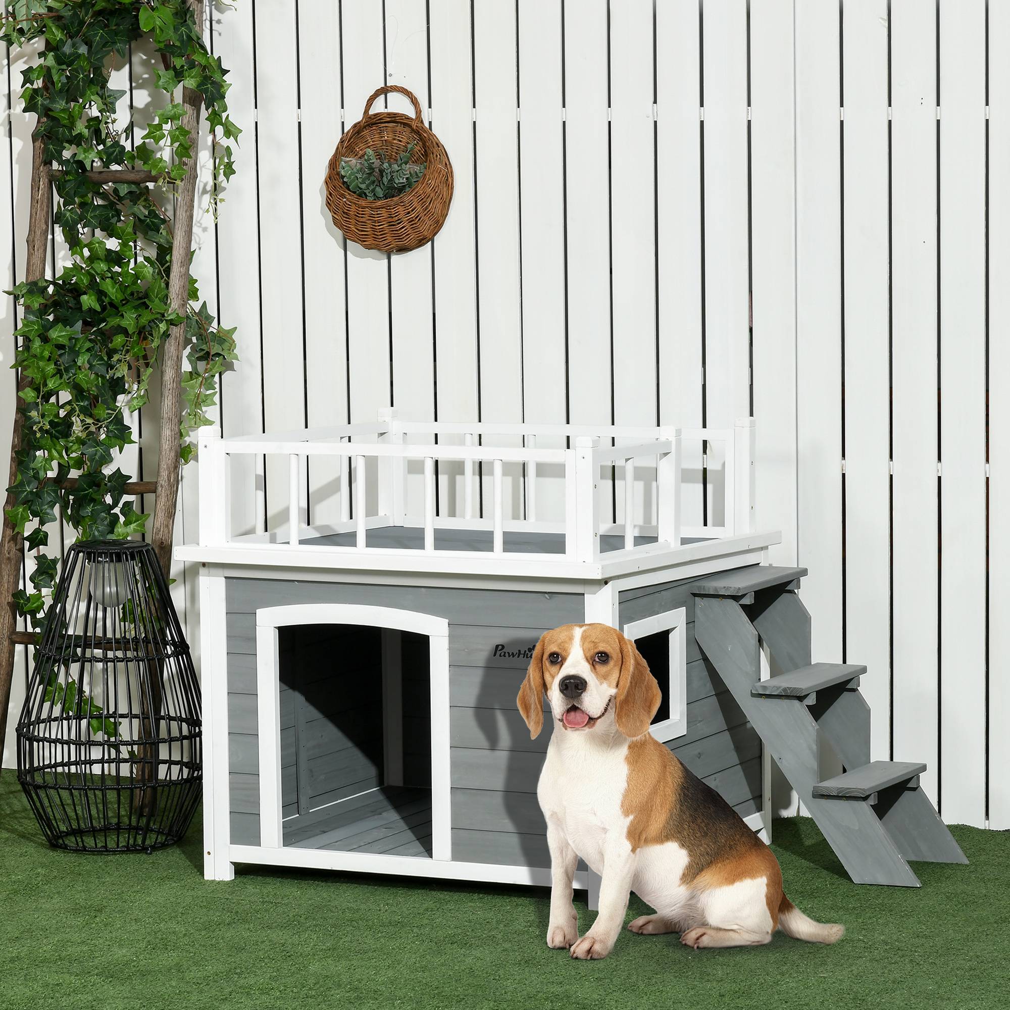 Niche pour chien avec terrasse, échelle et fenêtre 121 x 77 x 78 cm Gris clair - Image 3