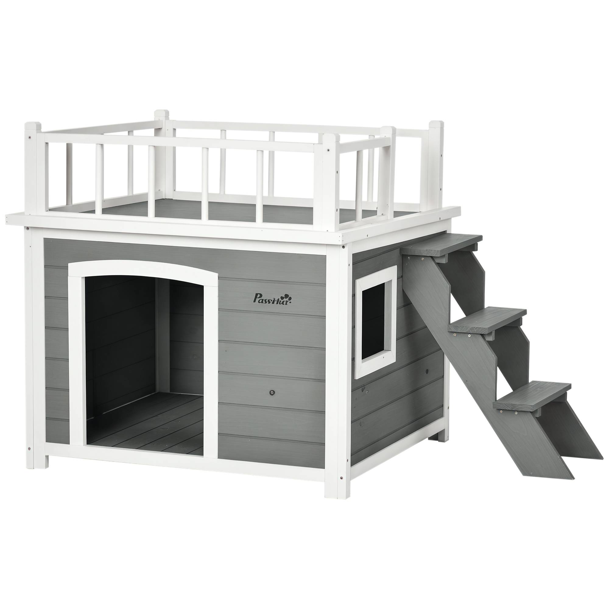 Niche pour chien avec terrasse, échelle et fenêtre 121 x 77 x 78 cm Gris clair - Image 1