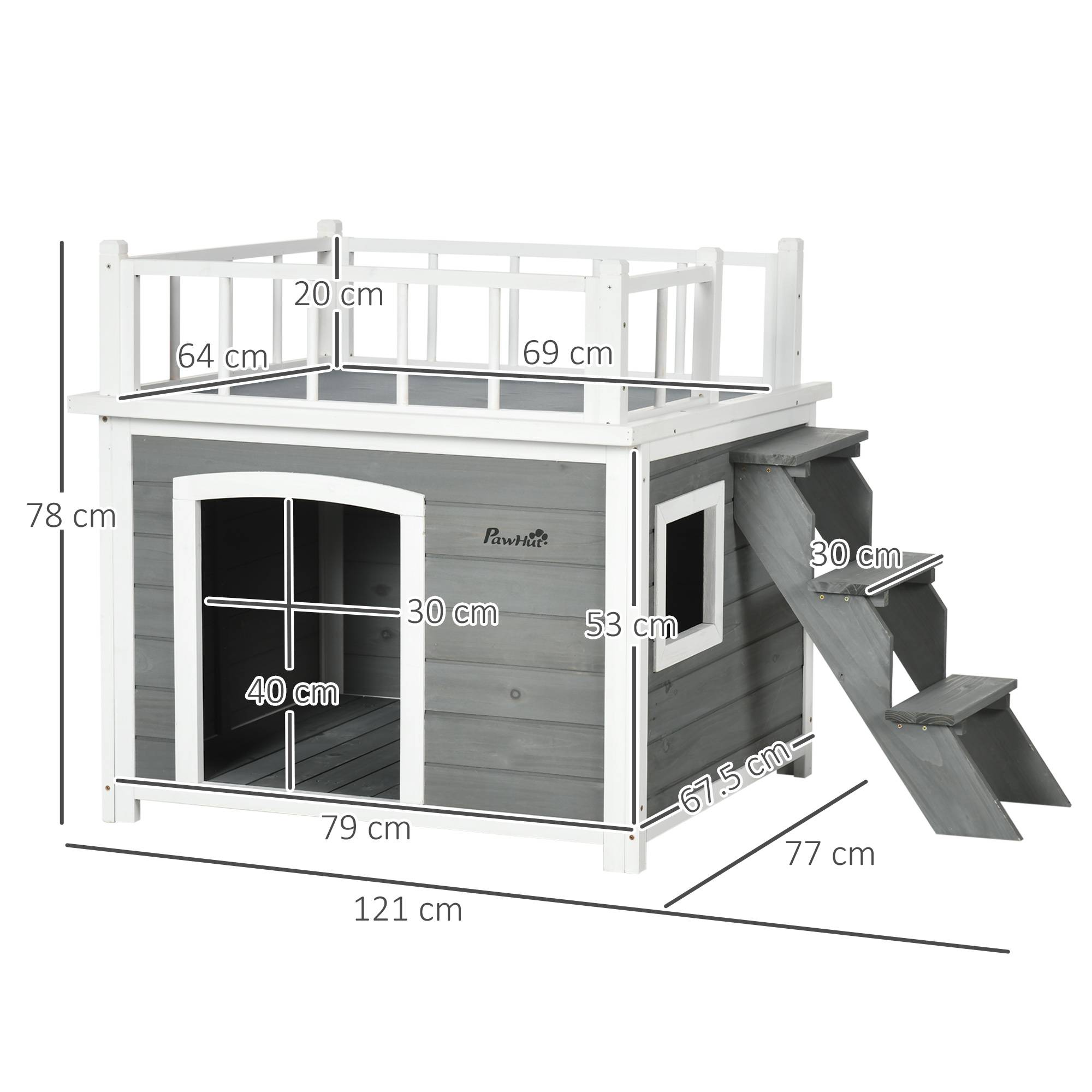 Niche pour chien avec terrasse, échelle et fenêtre 121 x 77 x 78 cm Gris clair - Image 5