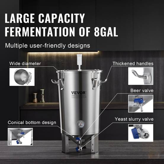 VEVOR Cuve brassage bière inox 304, 30L, avec base, couvercle, robinet, thermomètre, pour brasseur maison. - Image 6