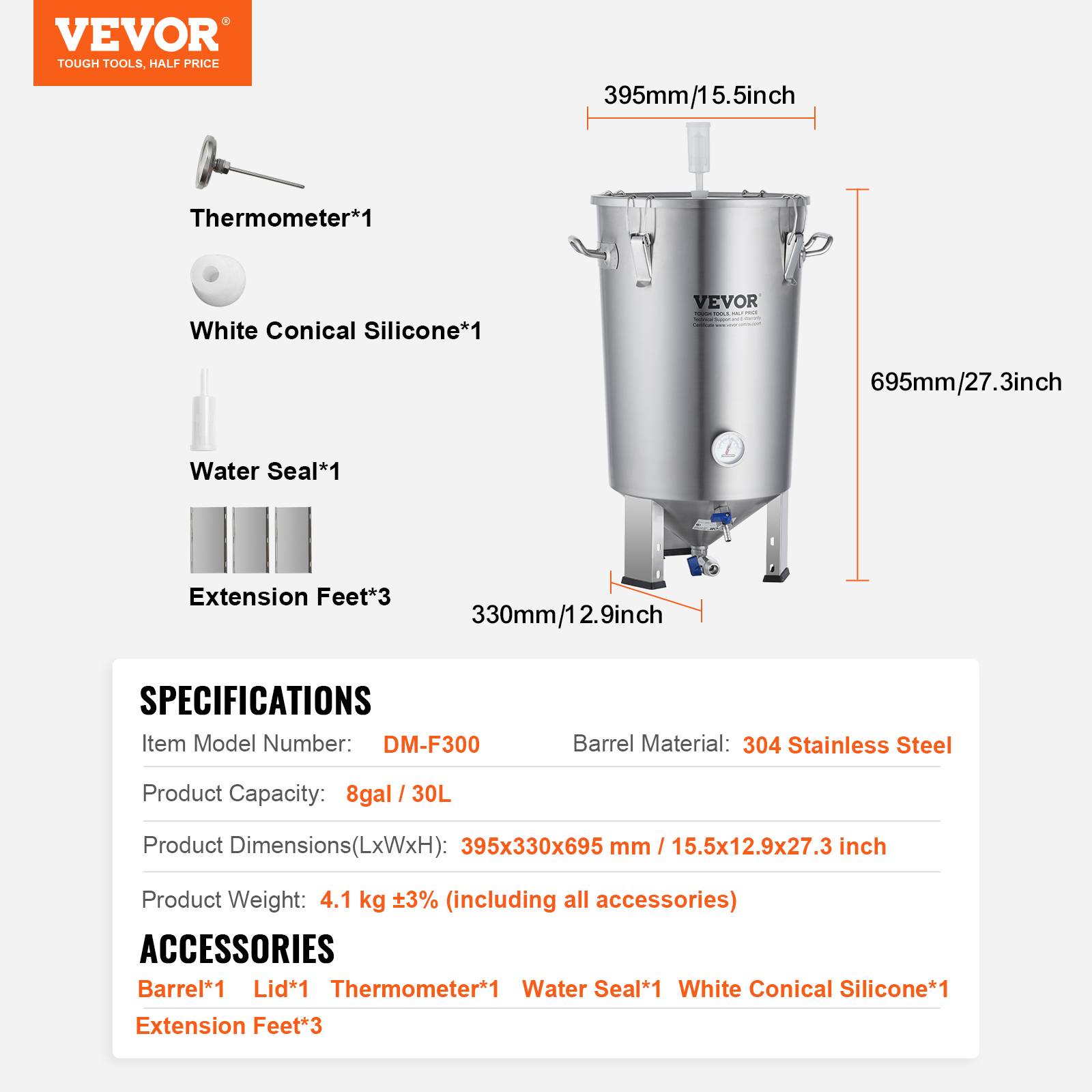 VEVOR Cuve brassage bière inox 304, 30L, avec base, couvercle, robinet, thermomètre, pour brasseur maison. - Image 7