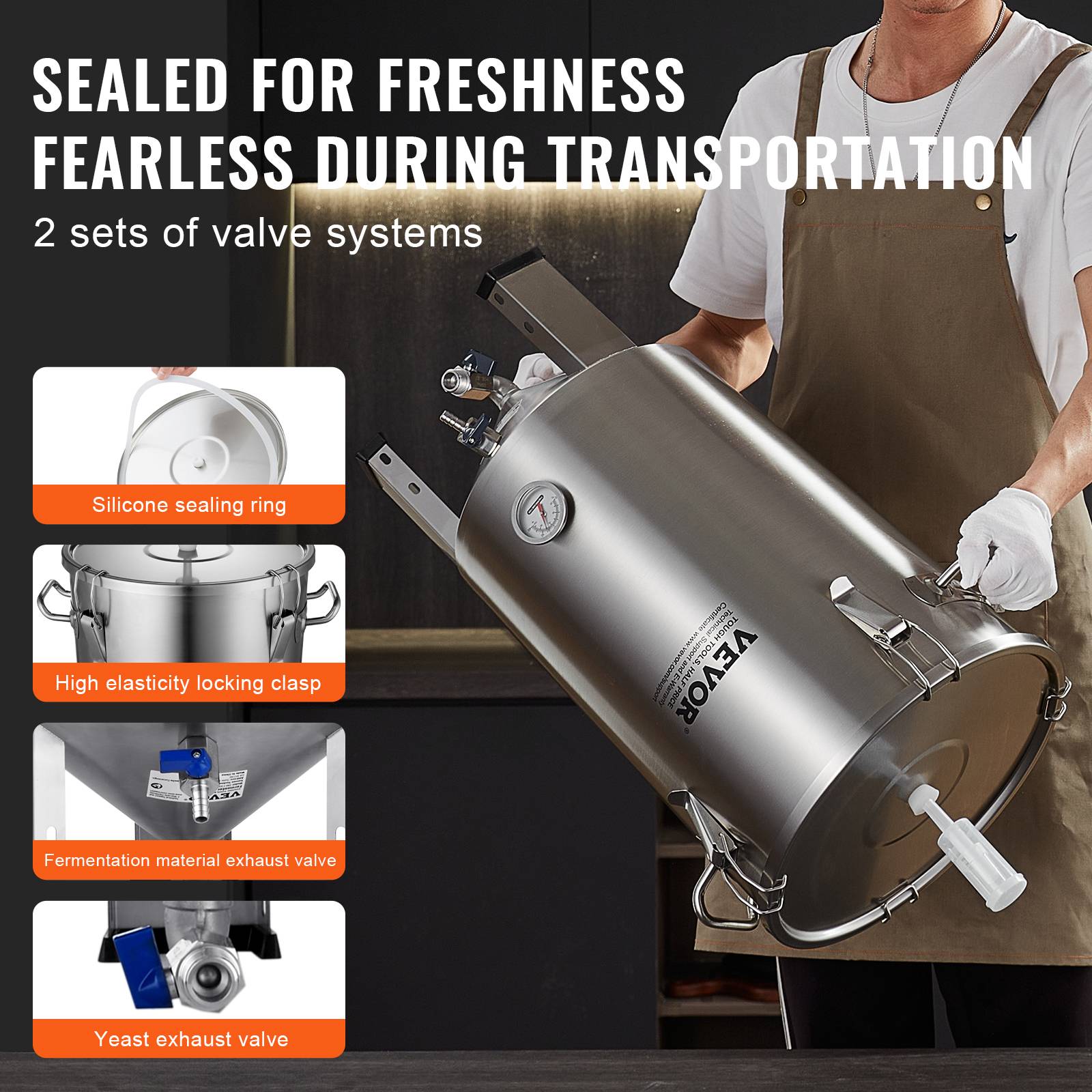 VEVOR Cuve brassage bière inox 304, 30L, avec base, couvercle, robinet, thermomètre, pour brasseur maison. - Image 3