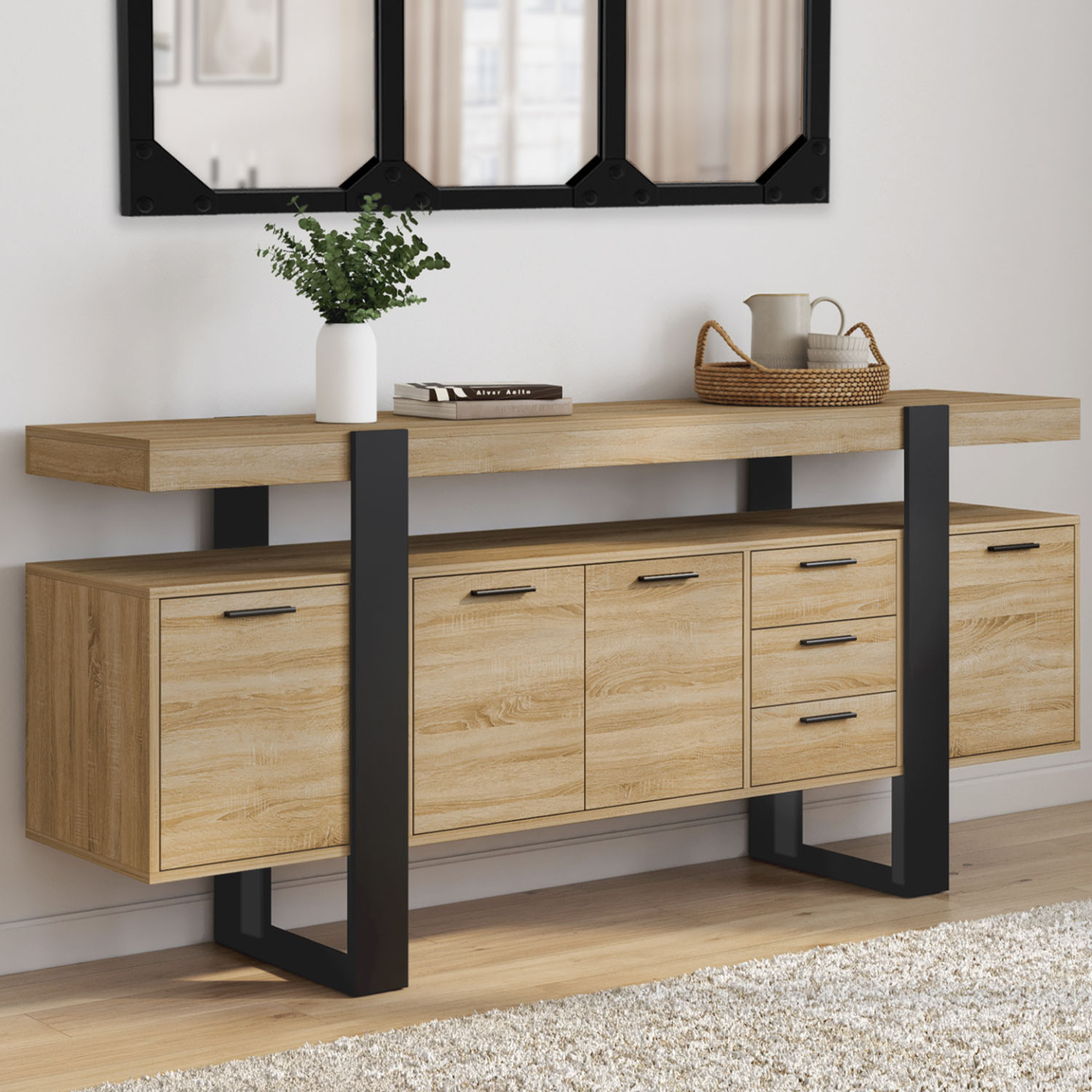 Buffet 180 cm PHOENIX XXL 4 portes avec 3 tiroirs bois et noir - Image 1