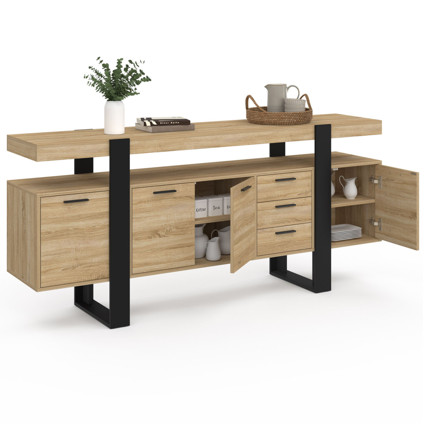 Buffet 180 cm PHOENIX XXL 4 portes avec 3 tiroirs bois et noir - Image 4