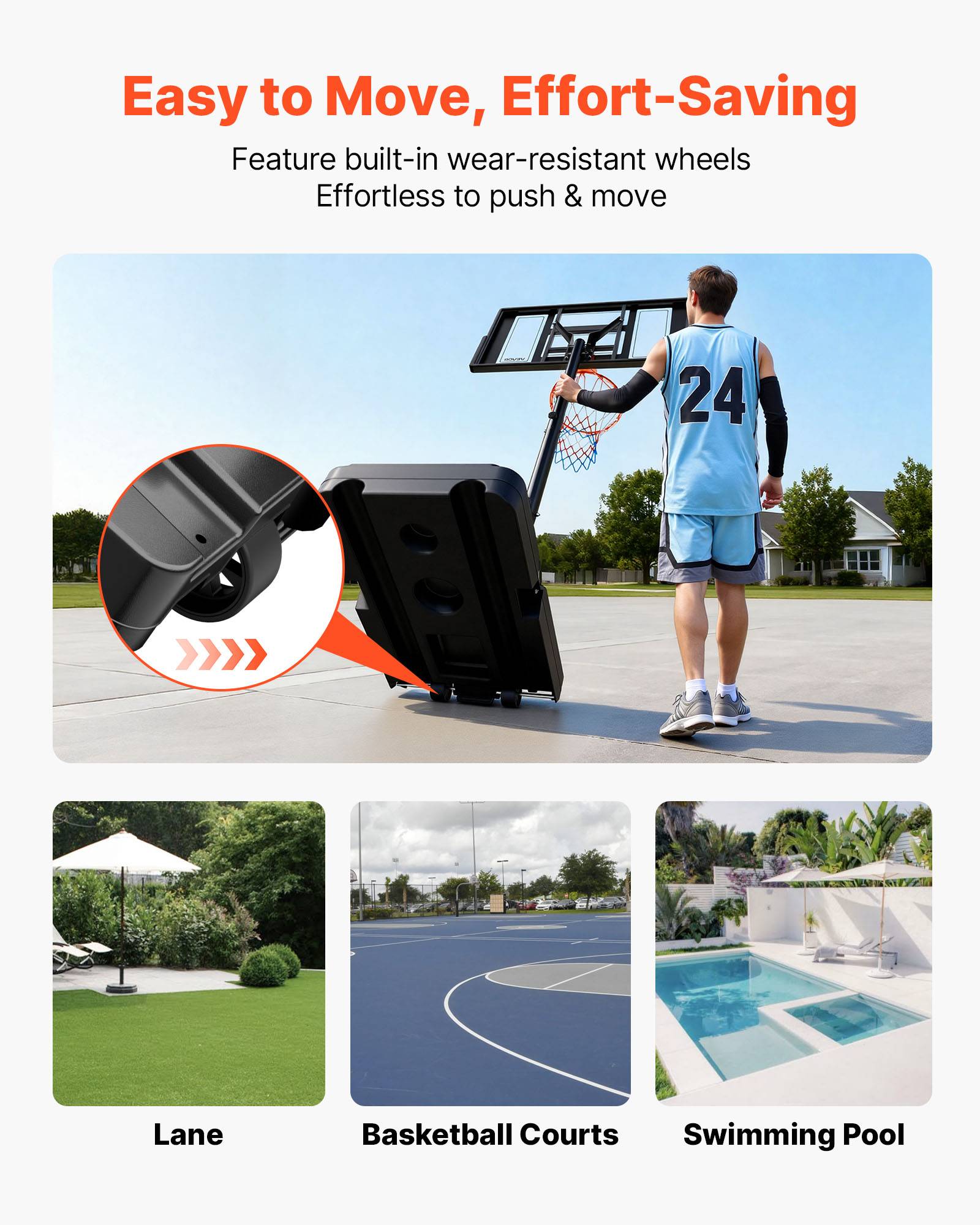 Vevor - VEVOR Panier de basket portable réglable 1,35–3,05 m, panneau PC 44", base remplissable, roulettes frein, pour intérieur et extérieur. - Image 5