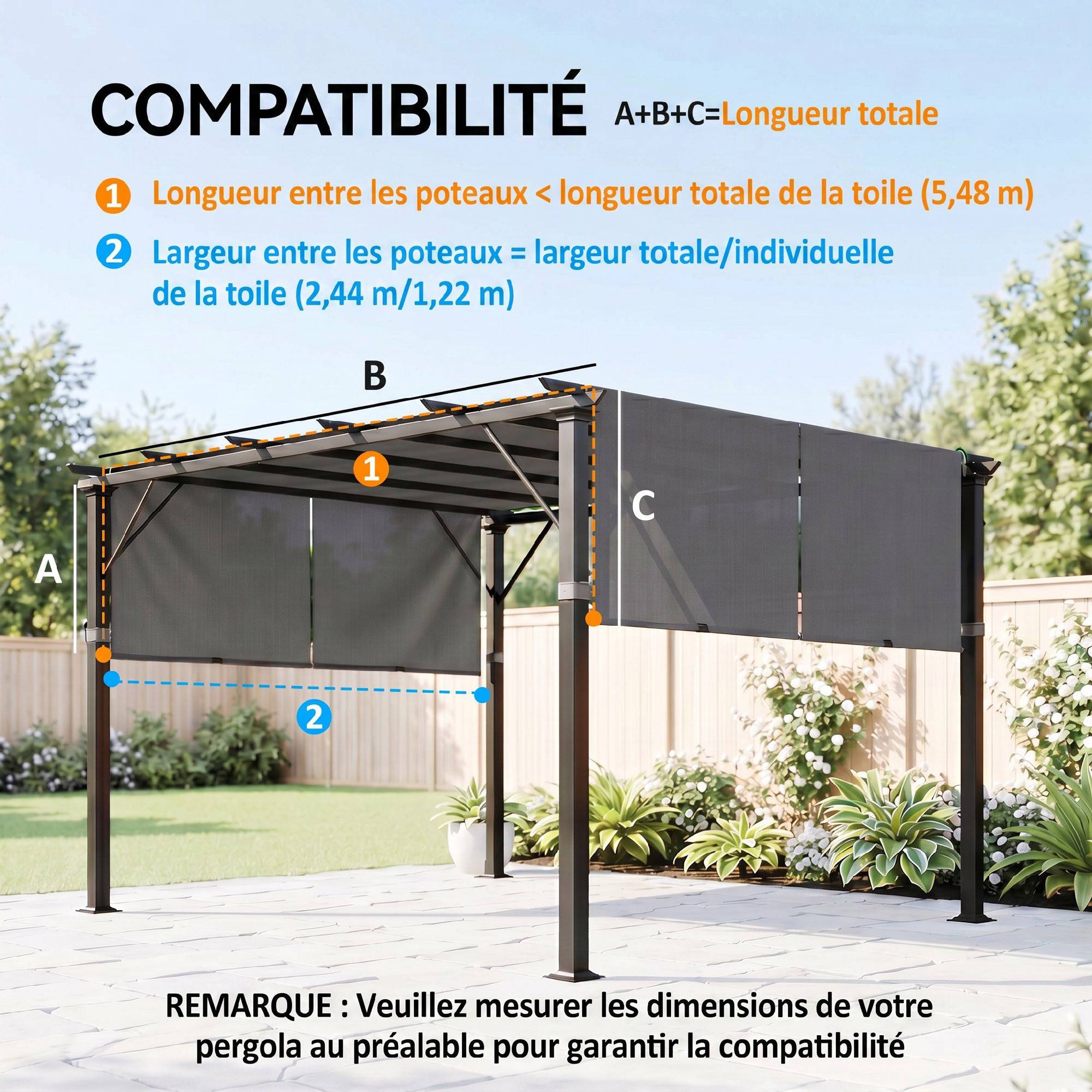 Sans Marque - Lot de 2 toiles de rechange pergola rétractable 4,9 x 1,2 m pour pergola de 3 x 3 m polyester protection UV gris foncé - Image 5