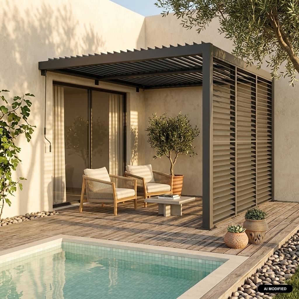 sweeek - Pergola bioclimatique aluminium adossée 3x3m anthracite + 3 persiennes 100cm lames orientables Palace | sweeek - Image 1