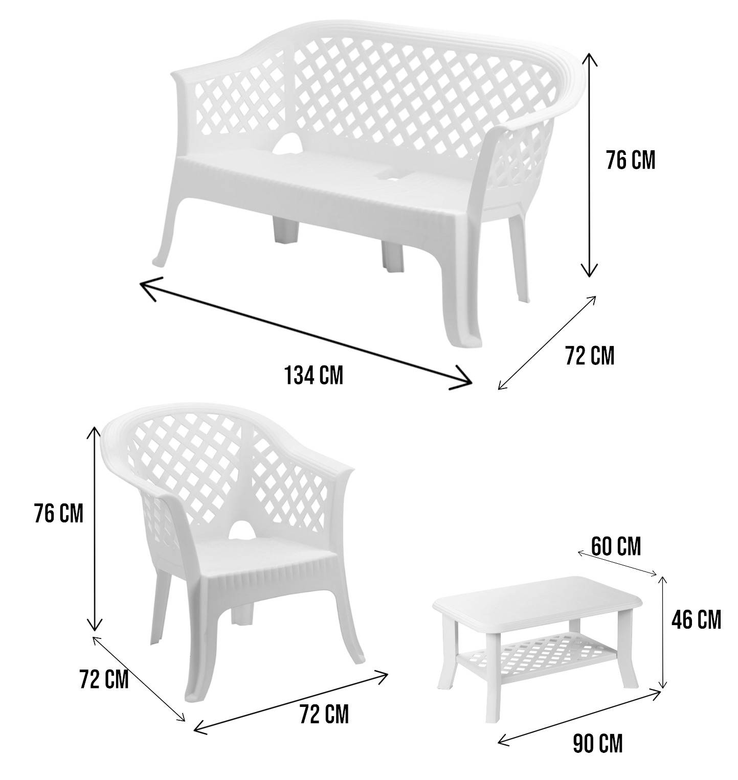 Dmora - Salon d'extérieur Dante, Composition de jardin avec 2 fauteuils, 1 banc et 1 table basse, Salon intérieur et extérieur, Blanc - Dmora - Image 3