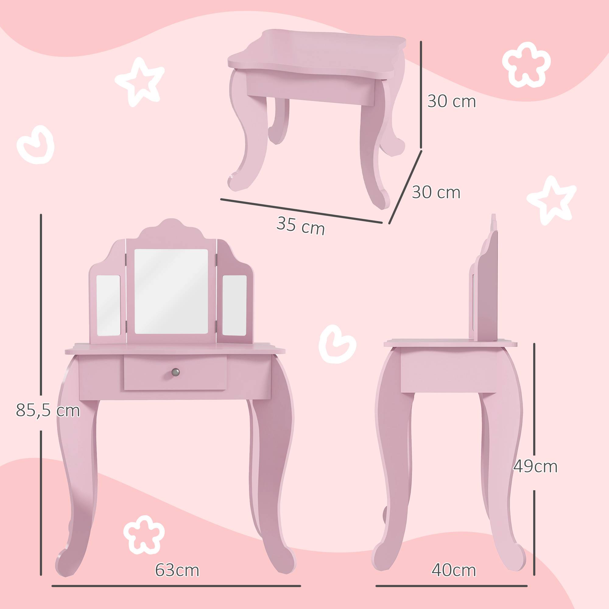 Sans Marque - Coiffeuse pour enfants avec tabouret et miroir réglable, pour filles de 3 à 6 ans, avec tiroir, rose - Image 5