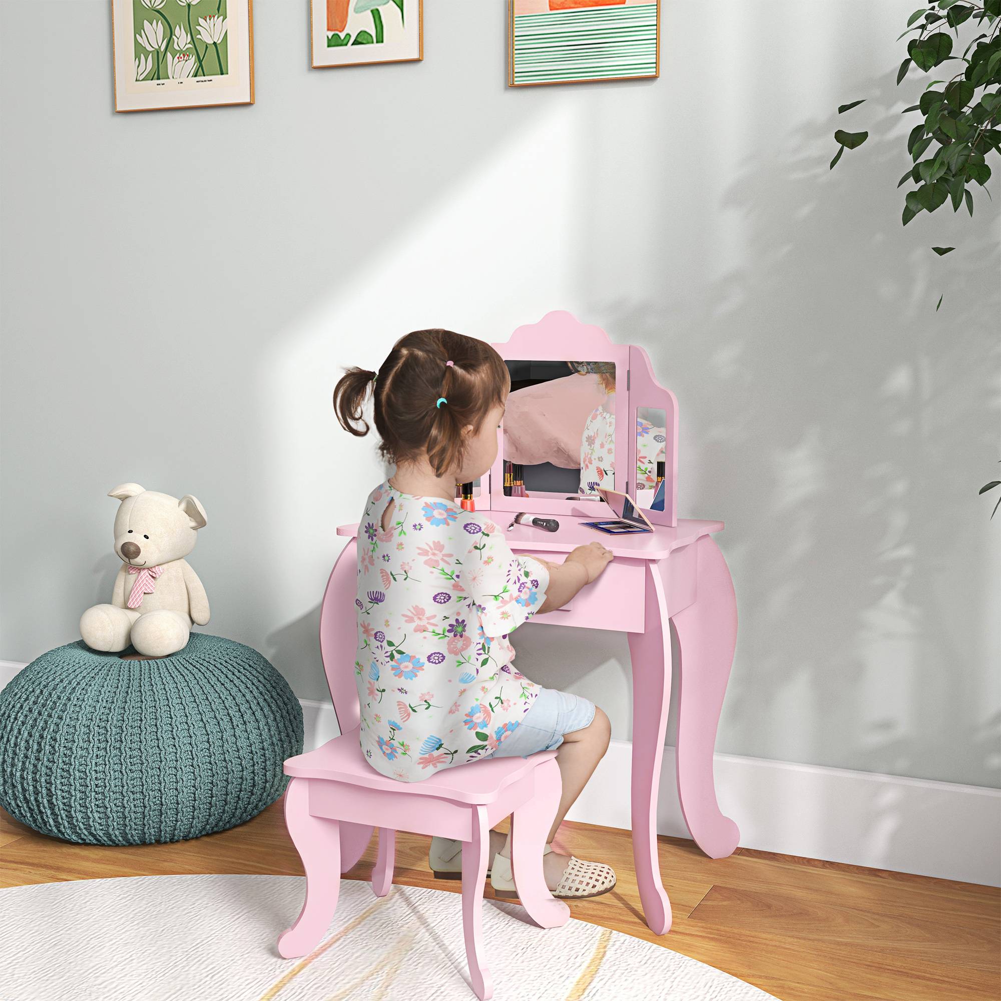 Sans Marque - Coiffeuse pour enfants avec tabouret et miroir réglable, pour filles de 3 à 6 ans, avec tiroir, rose - Image 3