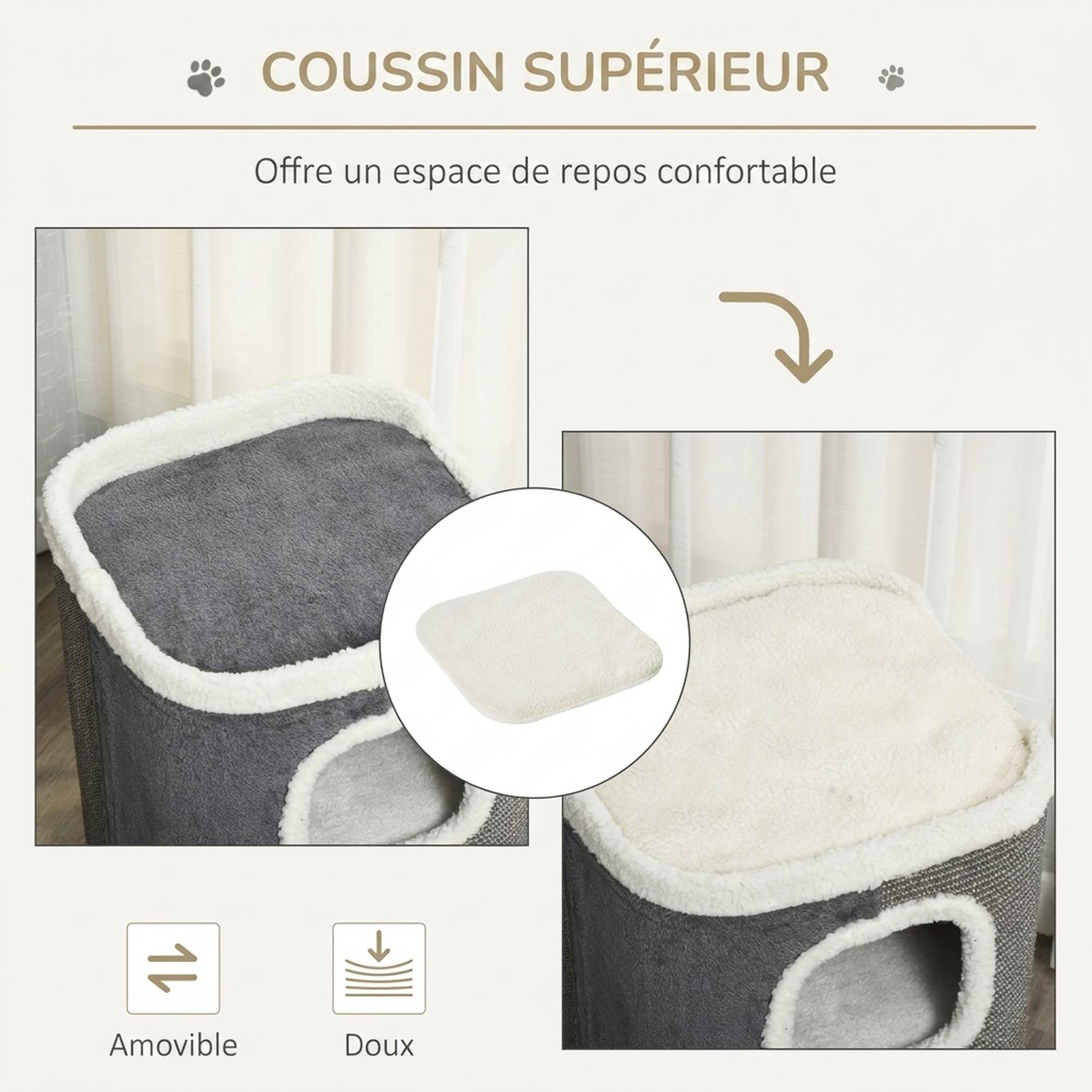 ComfortXL - Tour griffoir pour chat en sisal et peluche gris 40 x 40 x 74 cm avec 3 espaces reliés et couchage doux - Image 7