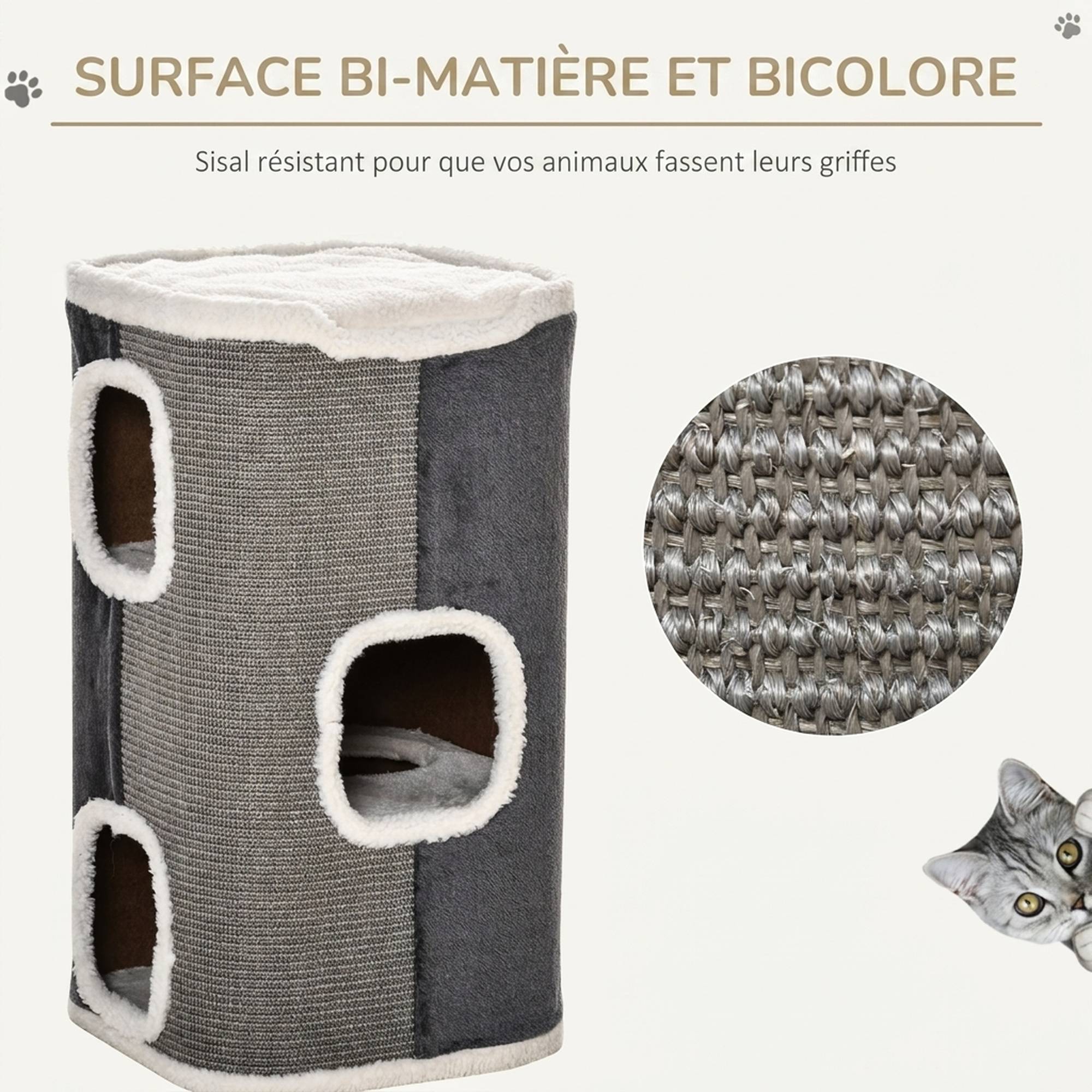 ComfortXL - Tour griffoir pour chat en sisal et peluche gris 40 x 40 x 74 cm avec 3 espaces reliés et couchage doux - Image 5
