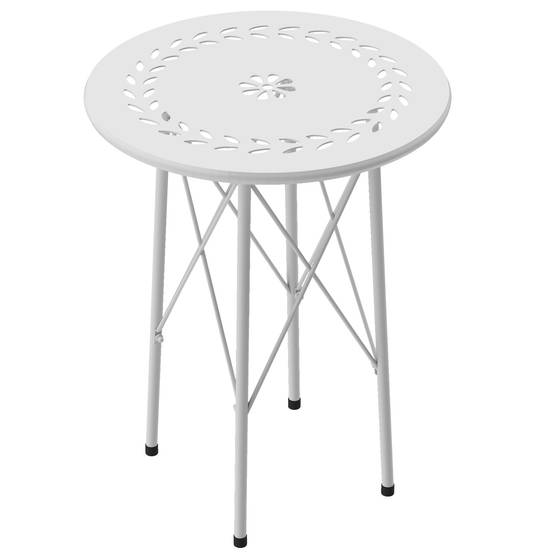 Table de jardin ronde en acier, motif floral et feuillagé, pieds réglables et structure en X, Ø 40 x 50 cm, blanche - Image 2