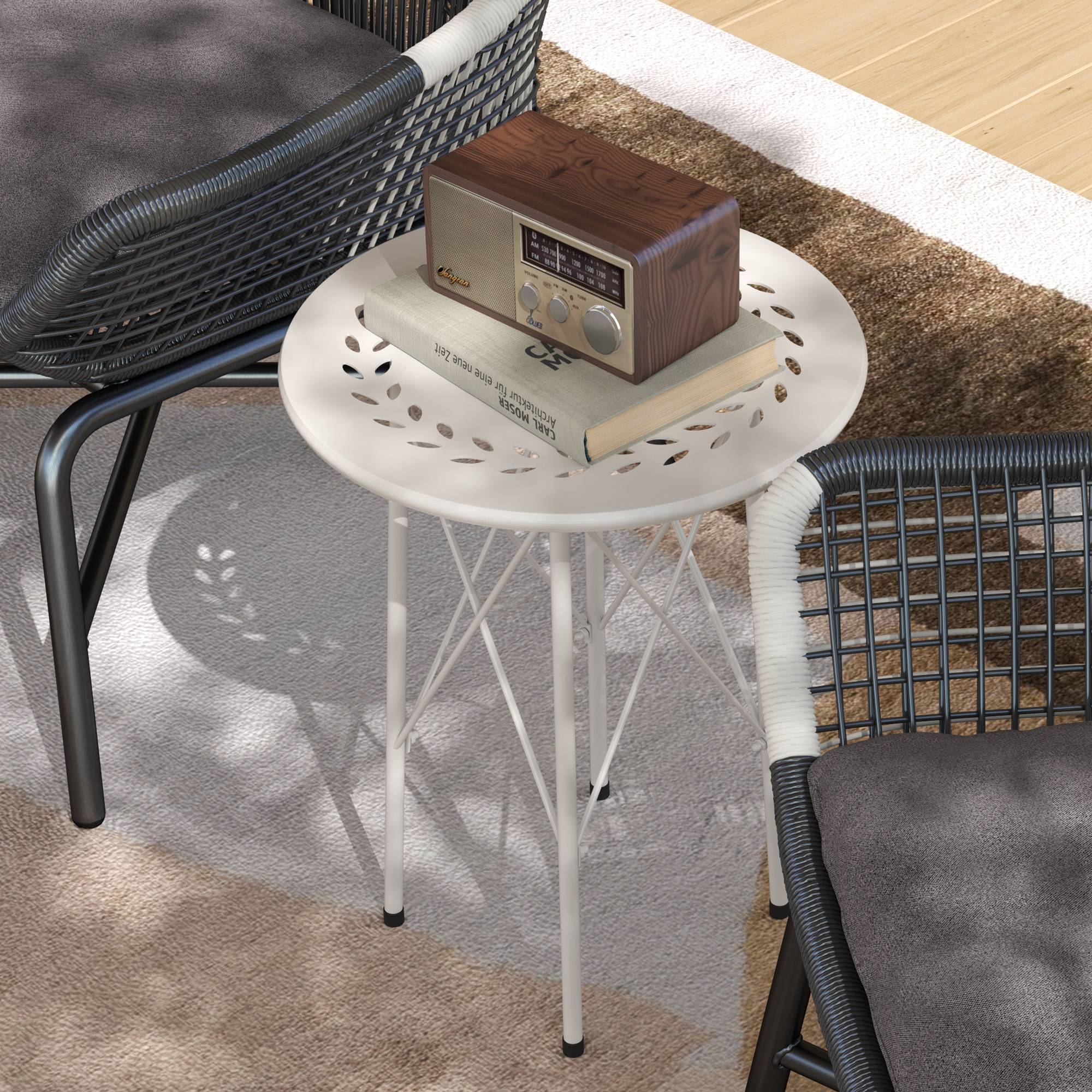 Table de jardin ronde en acier, motif floral et feuillagé, pieds réglables et structure en X, Ø 40 x 50 cm, blanche - Image 10