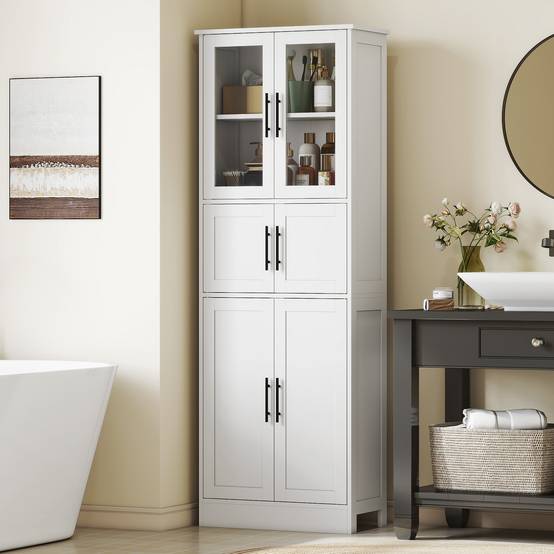 Meuble salle de bain 6 niveaux avec portes vitrées et étagères réglables, colonne rangement blanc moderne - Image 4