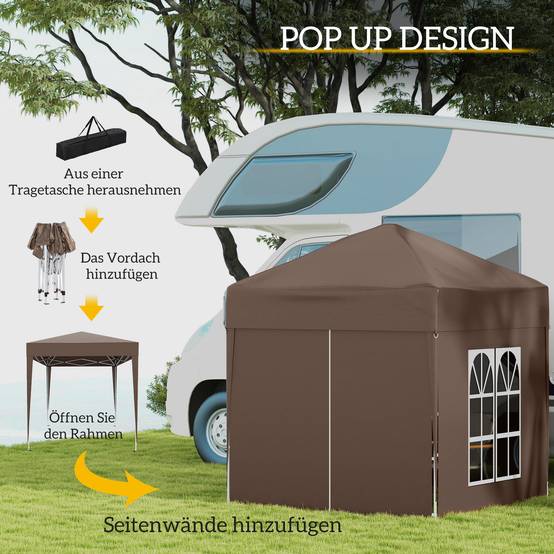 Kiosque 2x2m marron acier et Oxford anti-UV, 4 murs latéraux avec fenêtres, livré avec sac de transport - Image 4