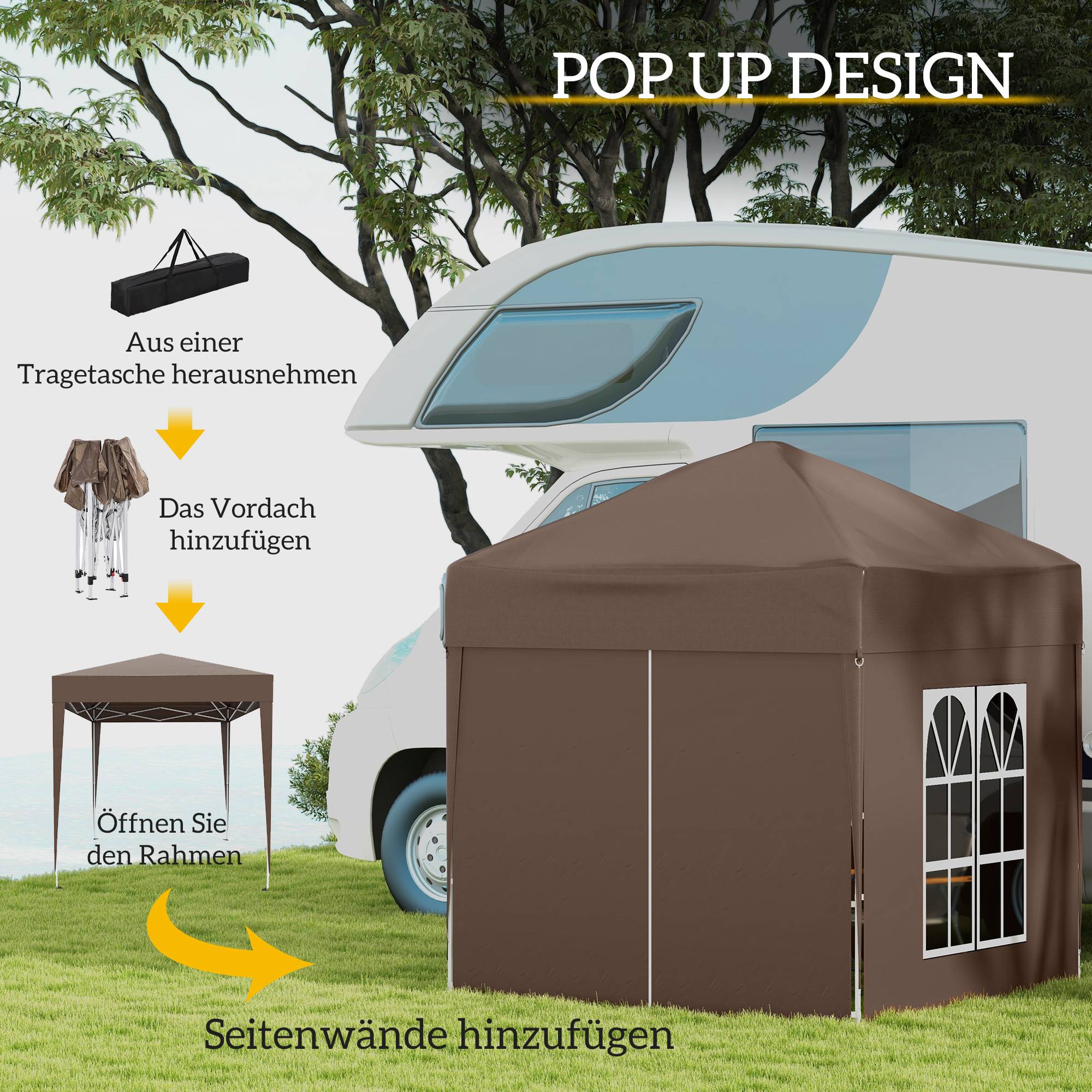 Kiosque 2x2m marron acier et Oxford anti-UV, 4 murs latéraux avec fenêtres, livré avec sac de transport - Image 4