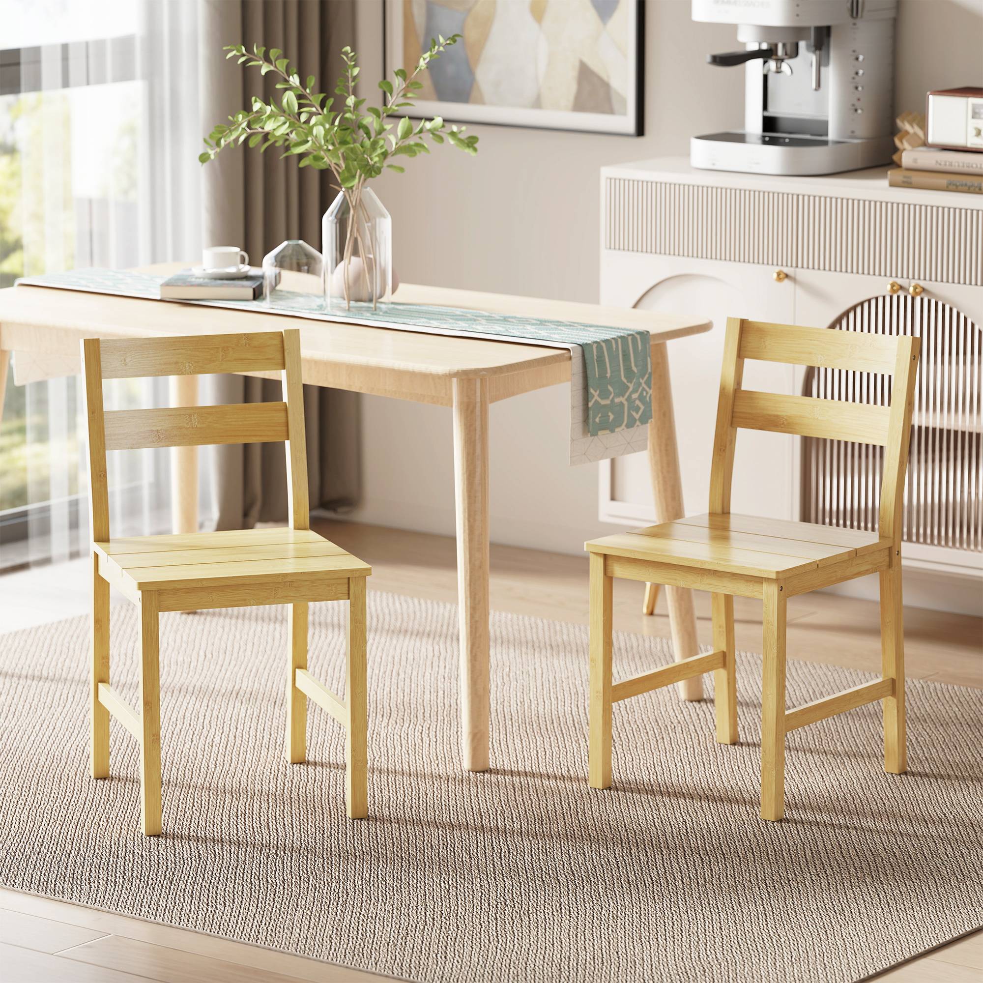 Lot de 2 chaises de salle à manger en bambou, chaises de cuisine sans accoudoirs avec assise à lattes, bois naturel - Image 4