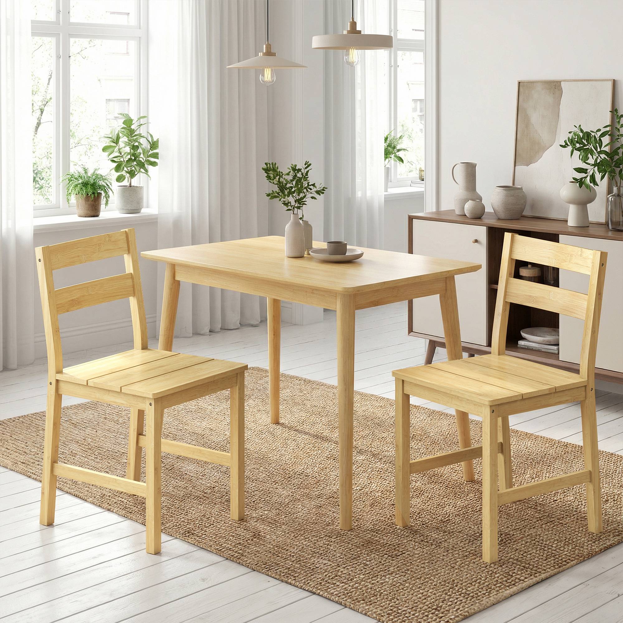 Lot de 2 chaises de salle à manger en bambou, chaises de cuisine sans accoudoirs avec assise à lattes, bois naturel - Image 3