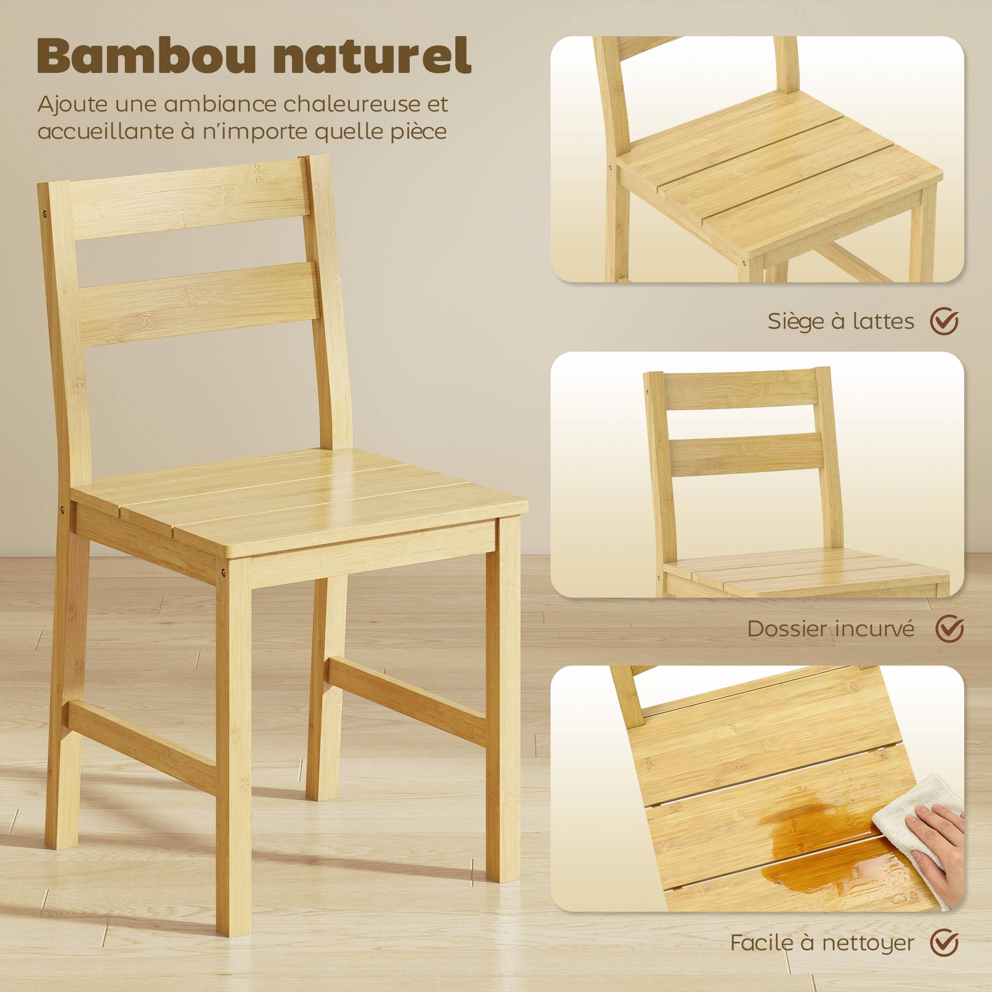 Lot de 2 chaises de salle à manger en bambou, chaises de cuisine sans accoudoirs avec assise à lattes, bois naturel - Image 7