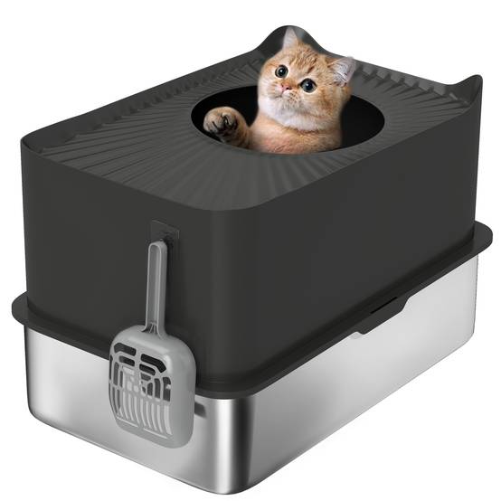 Bac à litière pour chat en acier inoxydable 85L grande capacité maison de toilette semi-fermée, 60 x 40 x 38 cm noir - Image 1