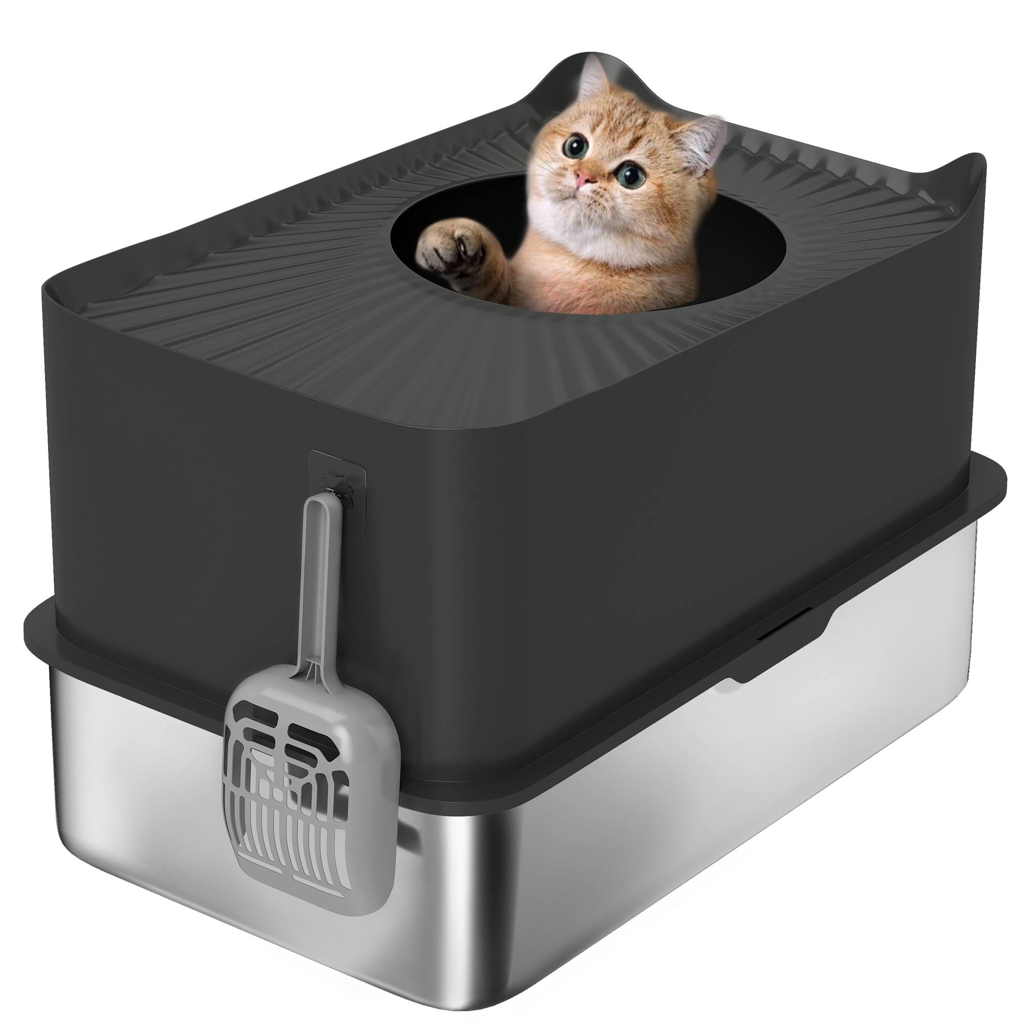 Bac à litière pour chat en acier inoxydable 85L grande capacité maison de toilette semi-fermée, 60 x 40 x 38 cm noir - Image 1