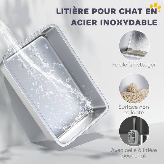 Bac à litière pour chat en acier inoxydable 85L grande capacité maison de toilette semi-fermée, 60 x 40 x 38 cm noir - Image 6
